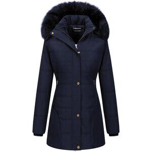 Women's Navy Waterproof Velvet Puffer Jacket Quilted Coat Faux Fur Hood Fabric